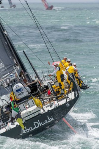 Abu Dhabi Ocean Racing, skipper Ian Walker from the UK, waves to the helicopter, at the start of leg 8 from Lisbon, Portugal to Lorient, France, during the Volvo Ocean Race 2011-12.  &copy; Paul Todd/Volvo Ocean Race http://www.volvooceanrace.com